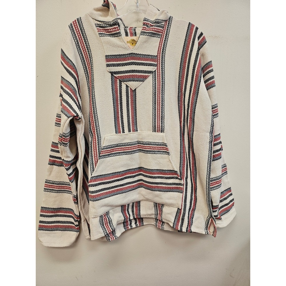 Earth Ragz Baja Hoodie Drug Rug Striped Pullover Cream Red Black Medium